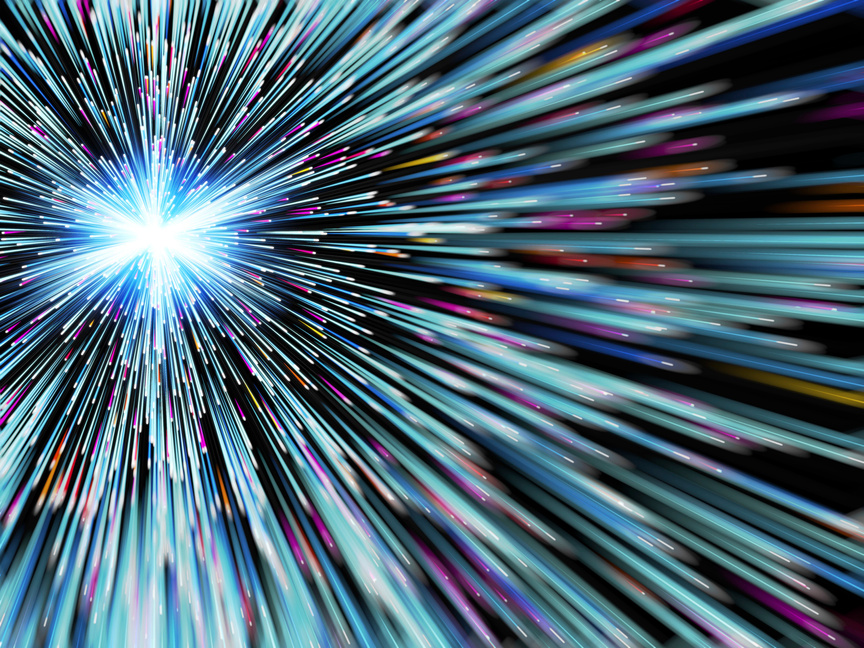 "Conceptual computer artwork of rays emitting particles. This could depict travel near the speed of light